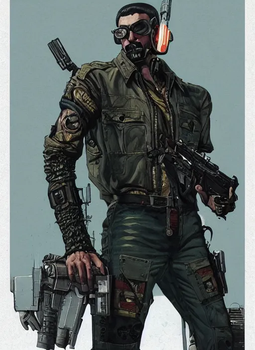 Image similar to menacing cyberpunk mercenary in military vest and jumpsuit. dystopian. portrait by stonehouse and mœbius and will eisner and gil elvgren and pixar. realistic proportions. cyberpunk 2 0 7 7, apex, blade runner 2 0 4 9 concept art. cel shading. attractive face. thick lines.