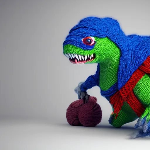 Image similar to super cute dinosaur made out of sweaters and yarn octane rendering vivid cinematic lighting 4 k