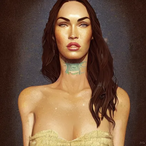 Image similar to portrait of megan fox as an anthropomorphic fox, costume, au naturel, hyper detailed, digital art, trending in artstation, cinematic lighting, studio quality, smooth render, unreal engine 5 rendered, octane rendered, art style by klimt and nixeu and ian sprigger and wlop and krenz cushart.