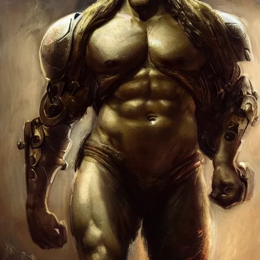 Image similar to handsome portrait of a spartan guy bodybuilder posing, radiant light, caustics, war hero, dmt, ghost in the shell, by gaston bussiere, bayard wu, greg rutkowski, giger, maxim verehin