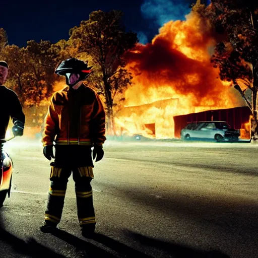 Prompt: photo of walter white and jesse pinkman riding motorcycles with a building on fire behind them, color, cinematic lighting, highly detailed