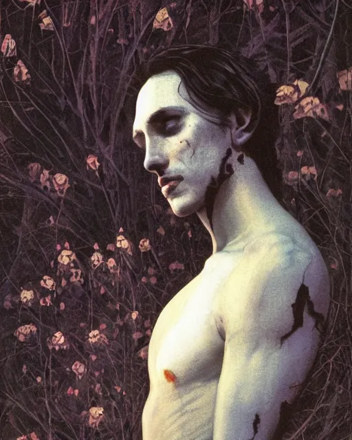 Image similar to a handsome but sinister and creepy man in layers of fear, with haunted eyes, violence in his eyes, 1 9 7 0 s, seventies, delicate embellishments, a little blood, woodland, moonlight shining on wildflowers, painterly, offset printing technique, by alexandre cabanel