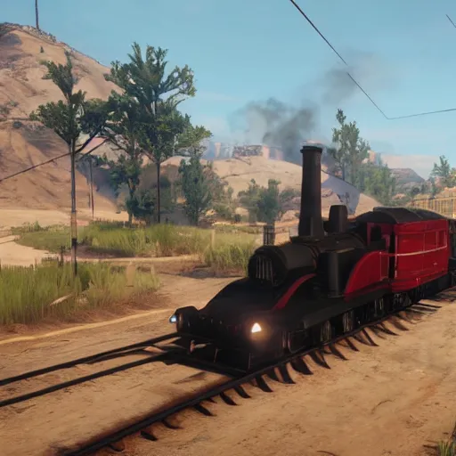 Image similar to futuristic sleek steam locomotive in red dead redemption 2