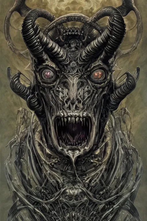 Prompt: Elden Ring and Doom themed painting of majestic chromatic biomechanical anatomical hybrid satanic goat symmetrical neutral mask closeup face tattoo pattern golden ratio concept, Neo-Gothic concept, infinity glyph waves, intricate artwork masterpiece, very coherent artwork, cinematic, full frontal facial features by Artgerm, art by H.R. Giger, Joseph Michael Linsner, Zdizslaw Beksinski, Johnatan Wayshak, Moebius, Ayami Kojima, very anatomically coherent artwork, trending on cgsociety, ultra high quality model, production quality cinema model, high detail chromatic ink outline, octane render, unreal engine 8k, hyper realism, high detail, octane render, unreal engine, 8k, High contrast