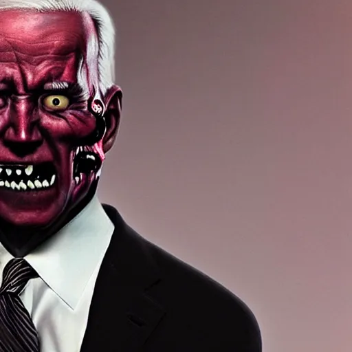 Image similar to hyper realistic terror photo Doom horror furious glowing red eyes biden