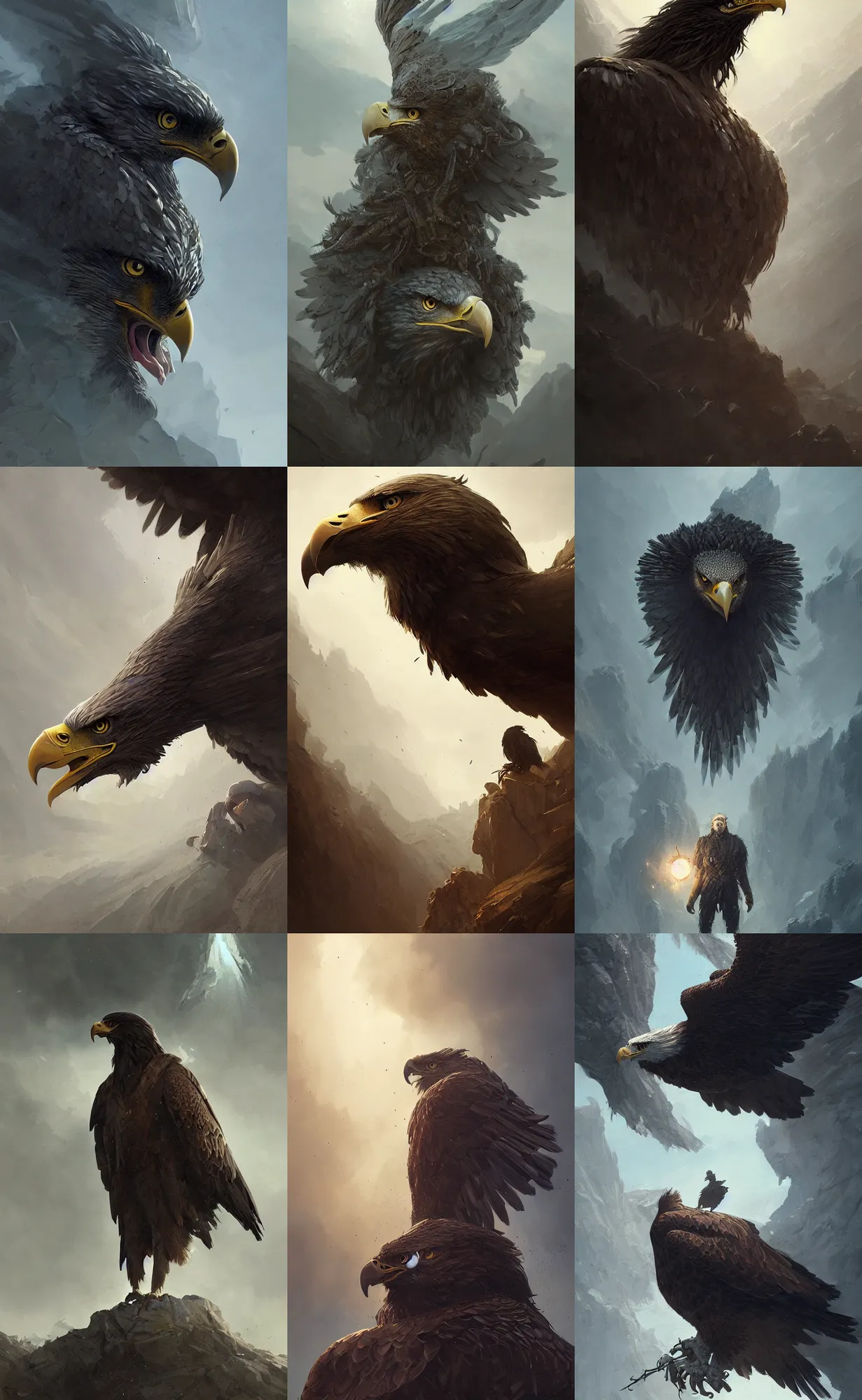 Prompt: eagle man, concept art, detailed face, fantasy, highly detailed, cinematic lighting, digital art painting by greg rutkowski