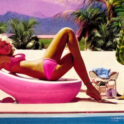 Image similar to tuesday weld in a pink bikini lounging next to a palm springs midcentury swimming pool by gil elvgren and earl norem