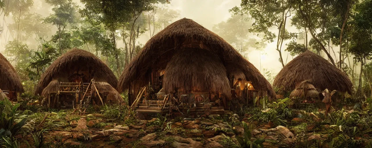 Prompt: an intricate concept art of a tribal hut in the middle of the amazon rainforest, artstation, sci - fi, hyper realistic, concept art, art by dylan cole, cinematic lighting, octane render