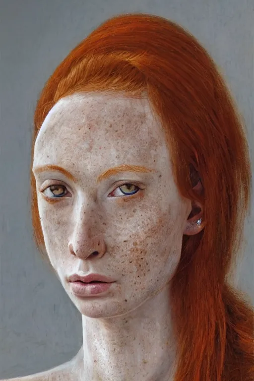 Prompt: hyperrealism extreme close-up portrait of medieval ginger female cyborg with freckles, pale skin, wearing dark silk, in style of classicism