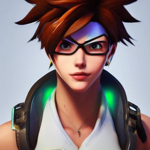 Image similar to portrait of tracer from overwatch, unreal engine 5, trending on art station