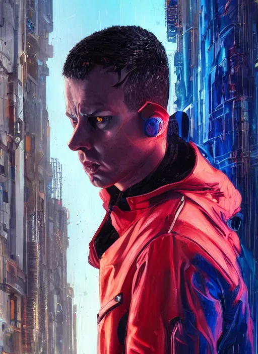 Image similar to ezra. cyberpunk character wearing jumpsuit and red jacket and cyberpunk headset. ( blade runner 2 0 4 9, dystopian, cyberpunk 2 0 7 7 character design ). attractive face. portrait by james gurney and laurie greasley, oil on canvas. cinematic, hyper realism, realistic proportions, full view, dramatic lighting, high detail 4 k