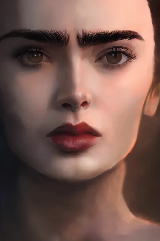 Image similar to a fancy close up of Man of Steel cast as Lily Collins by Greg Rutkowski, Sung Choi, Mitchell Mohrhauser, Maciej Kuciara, Johnson Ting, Maxim Verehin, Peter Konig, 8k photorealistic, cinematic lighting, HD, high details, dramatic, trending on artstation, full body shot