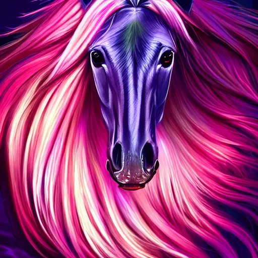 Prompt: digital horse, flowing mane, retrowave palette, highly detailed, anatomically correct equine, synth feel, smooth face, horse whiskers, no reins, super realism, 4 k, digital art