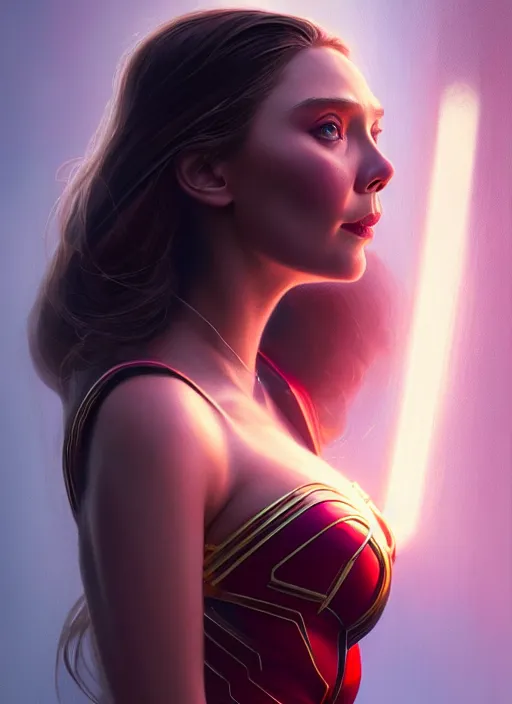 Image similar to portrait of modern darna, elizabeth olsen, intricate, elegant, glowing lights, highly detailed, digital painting, artstation, glamor pose, concept art, smooth, sharp focus, illustration, art by wlop, mars ravelo and greg rutkowski