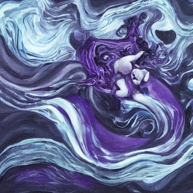 Image similar to dark purple, a female art student falling asleep, misty, iceberg, black paint, dark, sensual, dreamy, waves, swirls, blue drips, fish, blueberries, octopus, neo - impressionist, surrealism