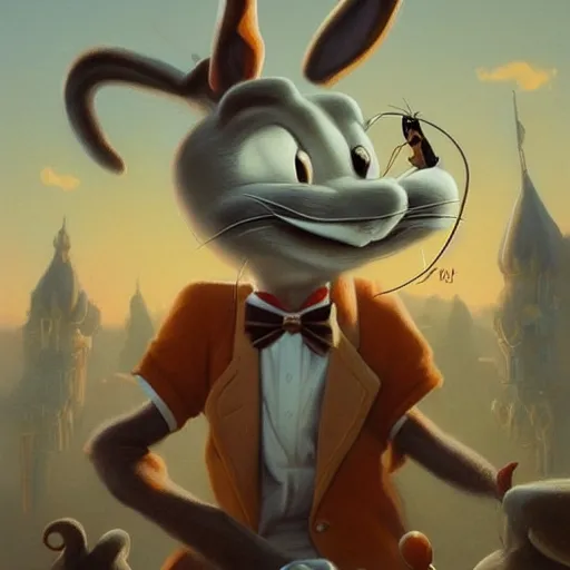 Image similar to bugs bunny cosplay salvador dali, art by wgreg rutkowski. during golden hour. extremely detailed.