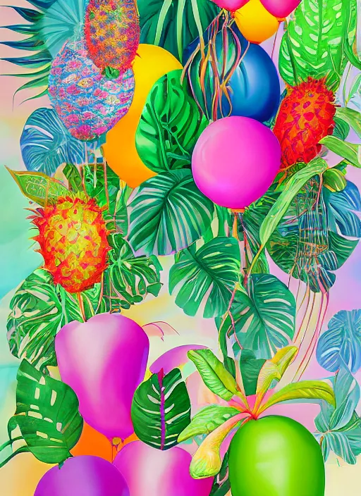 Prompt: a painting of tropical plants and balloons by lisa frank, behance, airbrush art, digital painting