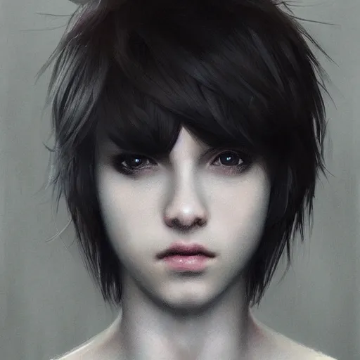 Prompt: a feminine boy with short dark hair, emo, digital art, photorealistic, 8 k resolution, beautiful face, feminine face,, very pretty face, very detailed eyes, by wlop, greg rutkowski