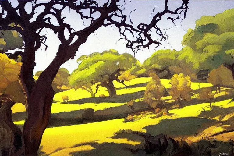 Image similar to masterpiece painting of oak trees on a hillside overlooking a creek, dramatic lighting, by john watkiss