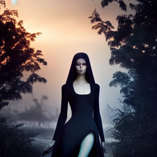 Image similar to photographic portrait of a stunningly beautiful futuristic gothic in soft dreamy light at sunset, contemporary fashion shoot, by edward robert hughes, annie leibovitz and steve mccurry, david lazar, jimmy nelsson, breathtaking, 8 k resolution, extremely detailed, beautiful, establishing shot, artistic, hyperrealistic, beautiful face, octane render