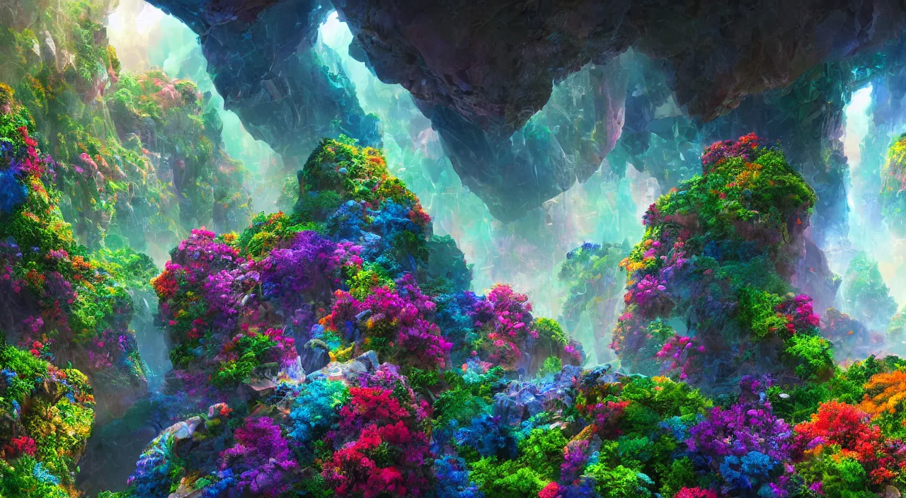 Image similar to biological crystallographic lattice bridging megastructure, in a canyon with flowers and lots of colors, by jack oliva - rendler, by glenn small, by albert bierstadt, photorealistic, zaha hadid, god rays, volumetric lighting, detailed, extremely intricate, raytrace, octane, light fog, neon