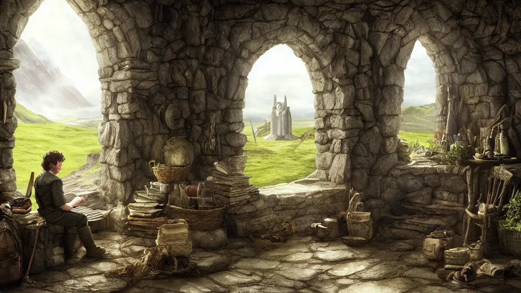 Image similar to frodo writing in his journal in bag end at the end of his journey, hobbiton visible through a window, by alan lee, michal karcz, smooth details, lord of the rings, game of thrones, smooth, detailed terrain, oil painting, trending artstation, concept art, fantasy matte painting