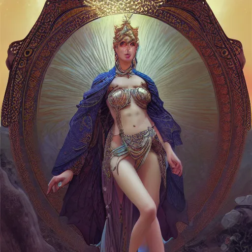 Prompt: a goddess in the desert, fantasy, intricate and very beautiful and elegant, highly detailed, digital painting, artstation, concept art, smooth and sharp focus, illustration, art by tan zi and ayanamikodon and alphonse mucha and wlop