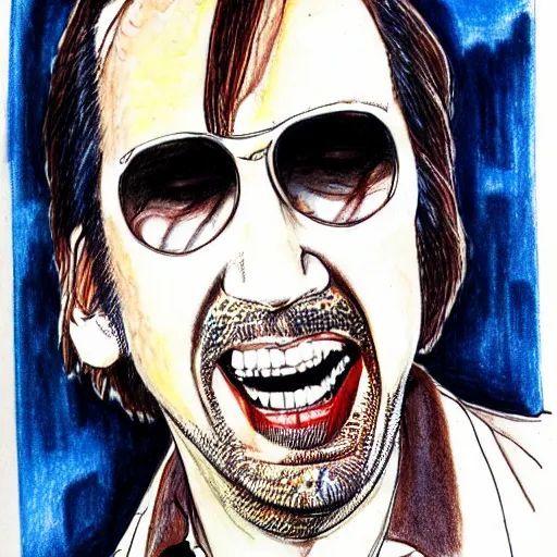 Prompt: Nicholas Cage in Fear and Loathing in Las Vegas, detailed ballpoint drawing with water color background