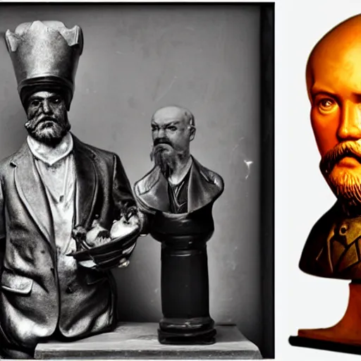 Prompt: guy with pot on his head and with bust of Lenin in his hands