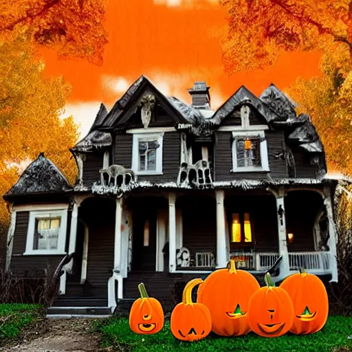 Prompt: creepy haunted house with ghosts pumpkins and skeletons