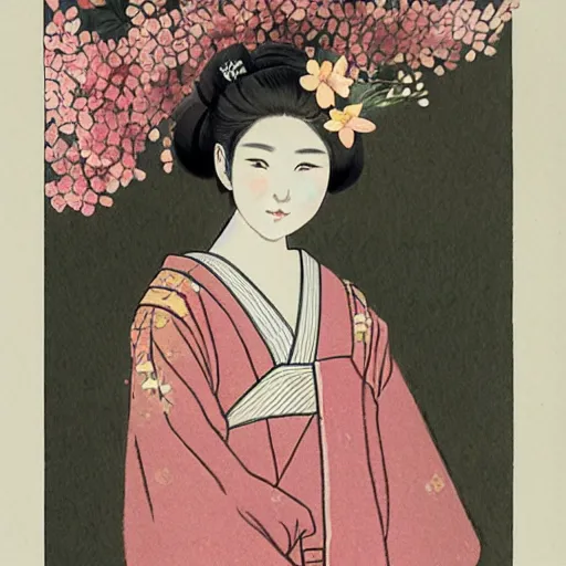 Image similar to a girl with flower on her head, japan, bright pastel color, botanical flower illustration