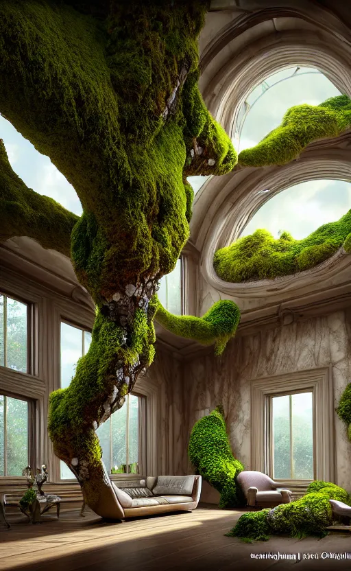 Image similar to highly detailed villa natural beautiful light interior soft cinematic composition of a smooth ceramic porcelain biomorphic magnolia stone nebula fluid sci - fi surreal colorful architecture landscape, furniture, granite, trees, marble, moss, lichen, fungi, vincent callebaut composition, mamou - mani, archviz, 8 k, unreal engine, hdr