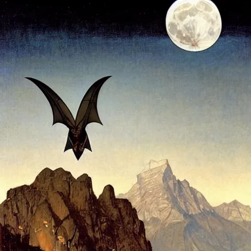 Image similar to hyper realistic white bat, flying against a dark black night sky, mountain in the background, moonlight, denoised, very detailed, painted by james gurney, alphonso mucha, norman rockwell, tom bagshaw