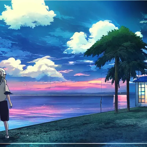 Image similar to a costal florida town at midnight, dark outside, ocean nearby, modern anime style, official anime still