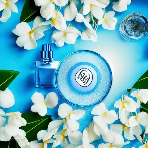 Image similar to centered bright perfume bottle standing in clear blue rippling water surrounded by a plethora of white flowers and tropical leaves and fauna upfront, with dreamy bright blue sky and clouds in the background, illumination lighting, sharp focus, surreal photography, vogue, hartper's bazaar, sephora,