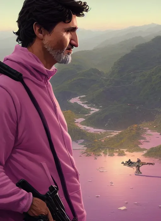 Image similar to highly detailed portrait justin trudeau in ( ( pink hoody ) ) holding ar - 1 5! ( setting costa rica ) in gta v stephen bliss unreal engine fantasy art by greg rutkowski loish rhads ferdinand knab makoto shinkai lois van baarle ilya kuvshinov rossdraws tom bagshaw global illumination radiant light detailed intricate environment