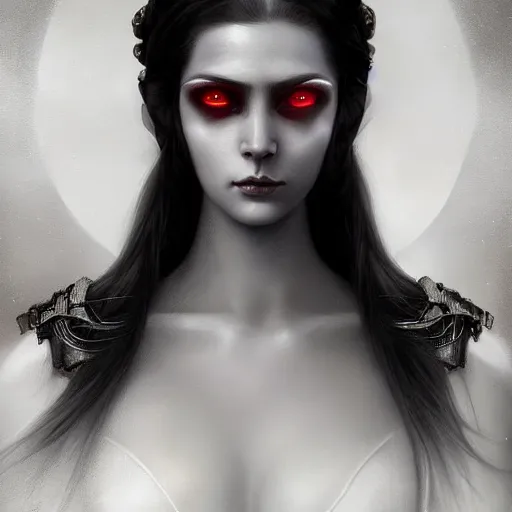 Prompt: By Tom Bagshaw, ultra realist soft painting of an attractive cyrvy cyberpunk anime female fully body armored, with thin lustrous long hair floating, photorealistic eyes render, looking at camera, curiosities carnival, symmetry accurate features, very intricate details, focus, dark fantasy background black and white