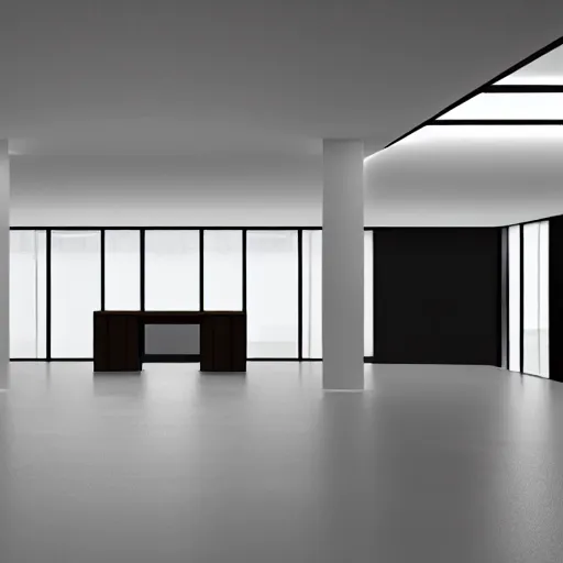 Image similar to symmetry, parallel perspective, parallax mapping of brutalist office, minimalist architecture, minimalist furniture, octane render, high quality