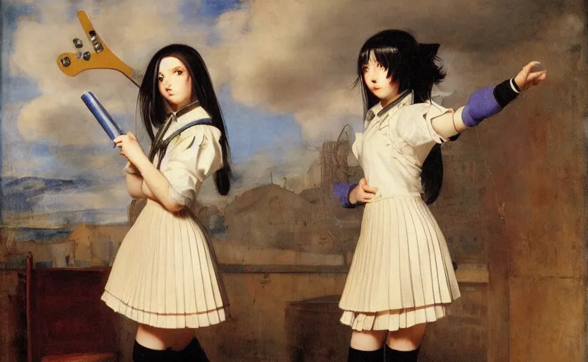 Prompt: school girl playing electric guitar, school uniform, seifuku, pleated miniskirt, overknee socks, battle angel alita. by rembrandt 1 6 6 7, illustration, by konstantin razumov