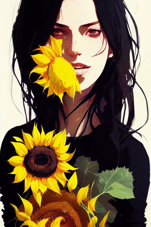 Image similar to a ultradetailed beautiful panting of a stylish woman holding a sunflower, by conrad roset, greg rutkowski and makoto shinkai, trending on artstation