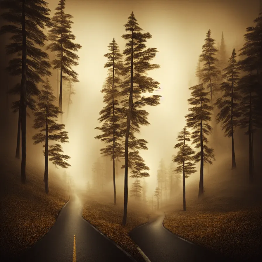 Image similar to surrealist abstract ink artwork of a road leading down the horizon through giant pine forests down a rocky mountain coast towards a majestic sunset. atmospheric foggy landscape, soft sepia tones, psychedelic, ultra realistic, concept art, modern art, photorealistic, octane render.