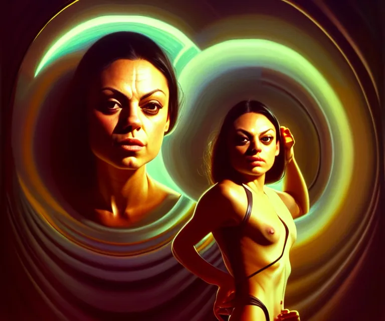 Image similar to mila kunis, in holograms of alien artifacts, electrical case display, total recall tech, dramatic lighting, electrical details, high details, 4 k, 8 k, best, accurate, trending on artstation, artstation, photorealism, ultrarealistic, digital painting, style of peter mohrbacher, caravaggio, boris vallejo