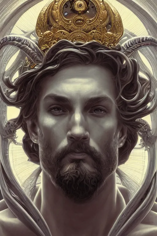 Image similar to portrait Poseidon god of sea with crown, sci-fi, fantasy, intricate, very very beautiful, elegant, highly detailed, digital painting, artstation, concept art, smooth, sharp focus, illustration, art by artgerm and greg rutkowski and alphonse mucha