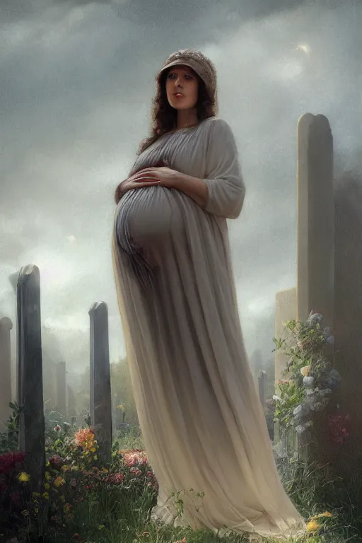 Image similar to portrait of a pregnant widow next to the grave, illustration, dramatic lighting, soft details, painting oil on canvas, art deco, octane render, HDR, 4k, 8k, HD, by Edmund Blair Leighton, Brom, Charlie Bowater, trending on artstation, faces by Tom Bagshaw, Sargent