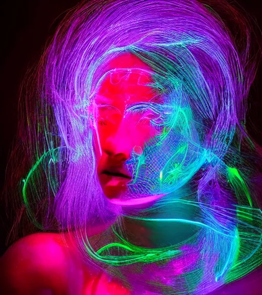 Image similar to lightpainting luminescent portrait, diffuse luminescent lightpainting, intricate wiccan luminescent lightpainting, elegant light, highly detailed zen neon, lifelike, photorealistic, artstation, luminescent concept art, smooth, sharp luminescent focus, luminescent art by john collier, artem demura, michael bosanko