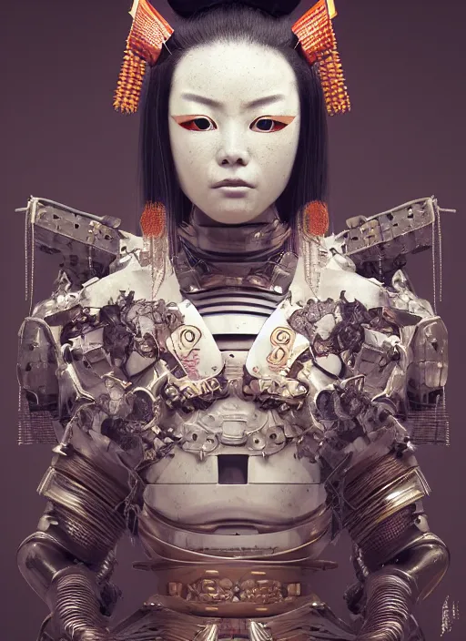 Image similar to portrait of a futuristic samurai geisha cyborg, kintsugi, modern fine art, fractal, intricate, elegant, highly detailed, digital photography, parallax, subsurface scattering, in the style of ghost, by jheronimus bosch and greg rutkowski,