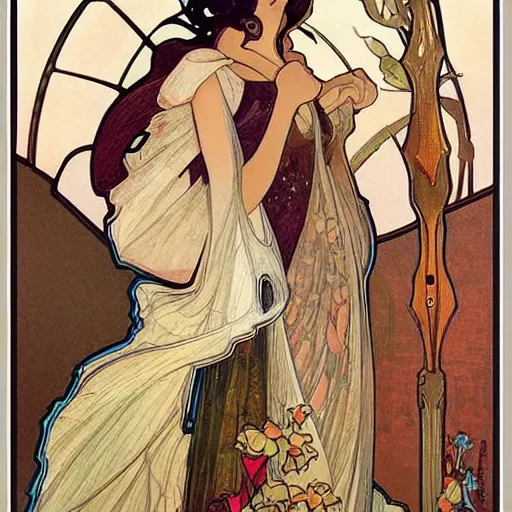 Prompt: modern woman in beautiful dress. mucha style. epic composition. highly detailed.