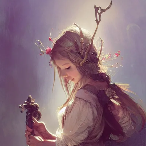 Image similar to elf fairy with a lute wearing a cardigan, blonde, highly detailed, intricate, digital painting, artstation, sharp focus, illustration, art by jakub rozalski, greg rutkowski, artgerm, tan zi and ayanamikodon and alphonse mucha and wlop