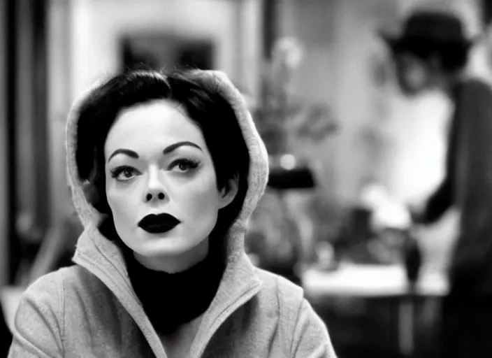 Image similar to Black and white film still of Rose Mcgowan on a Woody Allen film