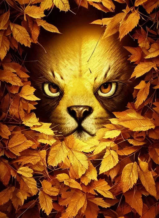 Image similar to golden leaves at frame border, creative!!! composition for a book cover, absurdly beautiful, ultrafine hyperrealistic detailed animal face by wlop and artgerm and greg rutkowski, intricate linework, sharp focus, smooth, octopath traveler, final fantasy, unreal engine, dramatic lighting, ethereal, 8 k